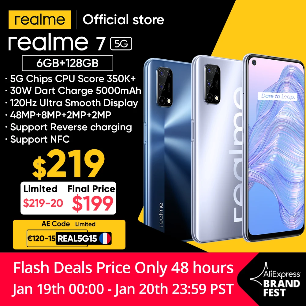  realme 7 5G Dimensity 800U 6 ГБ 128 ГБ 120 Гц дисплей камера 48 МП 5000 мАч глобальная Версия 30 Вт Дротика зарядное устройство 