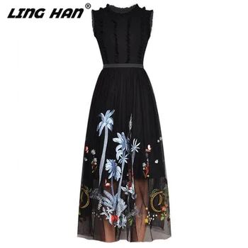 

LINGHAN Elegant Mesh Embroidery Midi Dress Women's Knitted Sleeveless Dresses Designer Autumn New