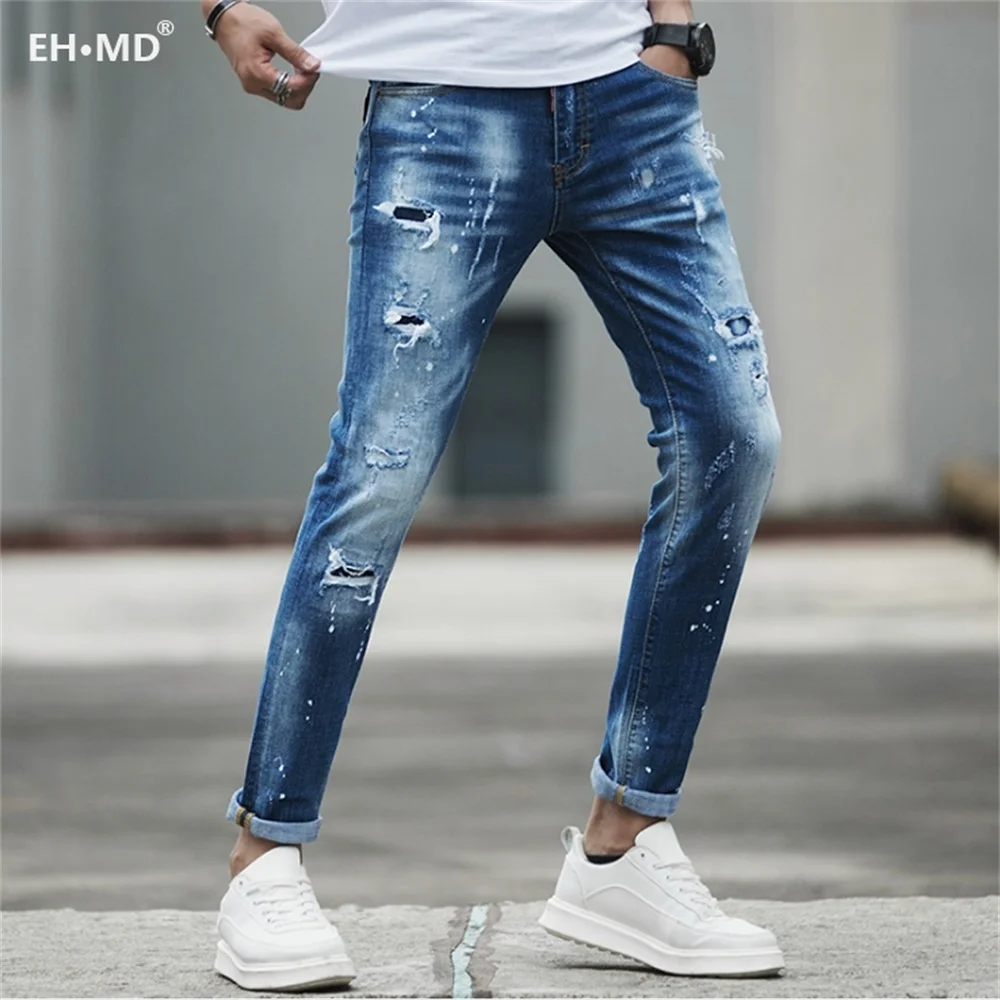

EHÂ·MDÂ® Ripped Frayed Jeans Men's White Splashing Ink Paint Dots Soft Cotton High Stretch Slim Pants Red Ears High Street 2021New