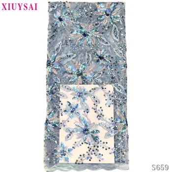 

2020 Latest French African Lace Fabric High Quality Sequins African Embroidered Tulle 3d Lace Fabric for Wedding Sky Blue S659