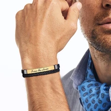 Мужской кожаный браслет черный с нержавеющей сталью ID TAG браслет мужской браслет ювелирные изделия(гравировка опционально