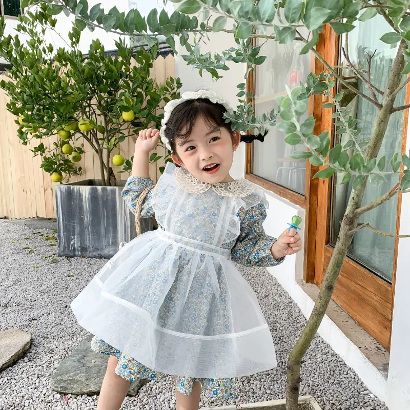 Spring New Arrival Korean style cotton sweet flowers pattern long sleeve dress with lace hollow collar for cute baby girls | Детская