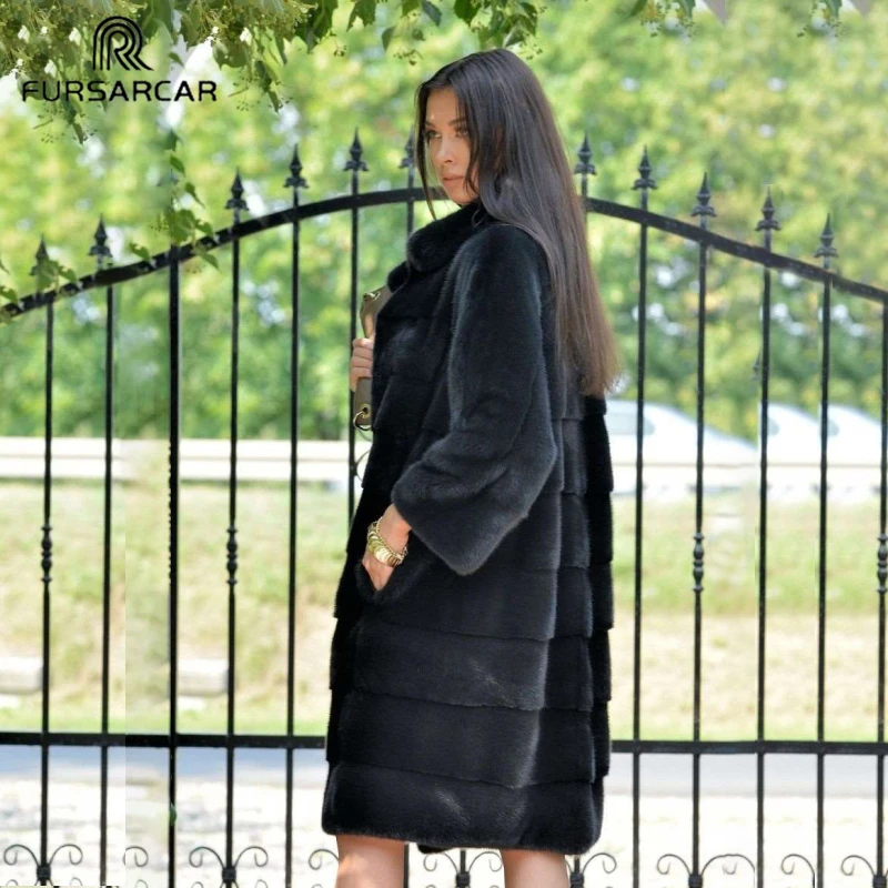 FURSARCAR Новая черная зимняя шуба из натурального меха норки воротник-стойка женская шуба из натуральной норки элегантная норковая шуба женская куртка