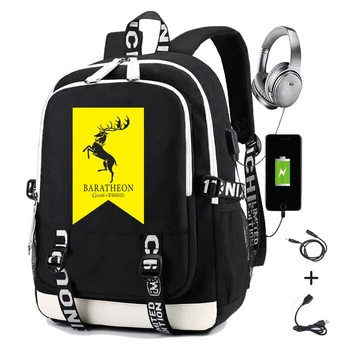 

Game of Thrones Backpack Print House Tully Martell Baratheon Targaryen Greyjoy Lannister Stark Logo School Bag with USB Charging