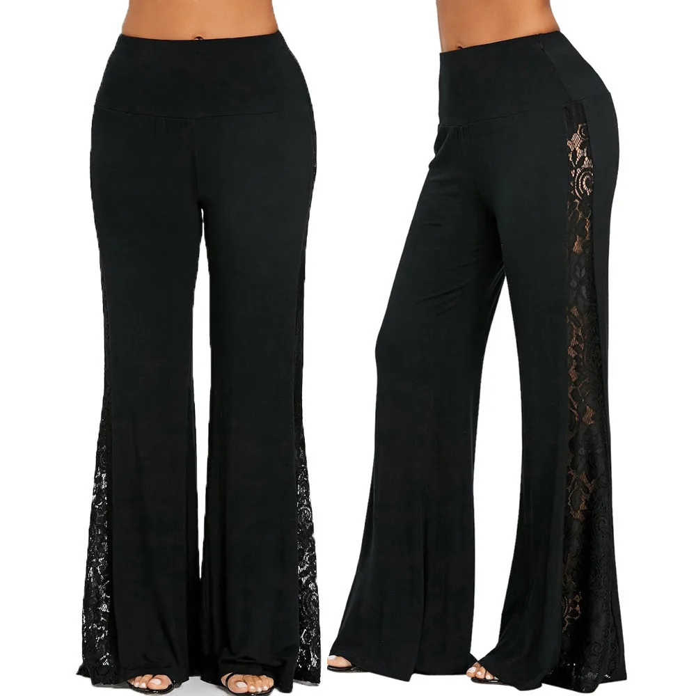 

SAGACE Fashion Womens High Waist Lace Insert Wide Leg Pants Leggings Loose Trousers Casual Autumn Winter Streetwear Pants #45