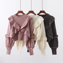 Зимний женский вязаный свитер с оборками, Модный повседневный женский свободный свитер с длинным рукавом, пуловер, джемпер
