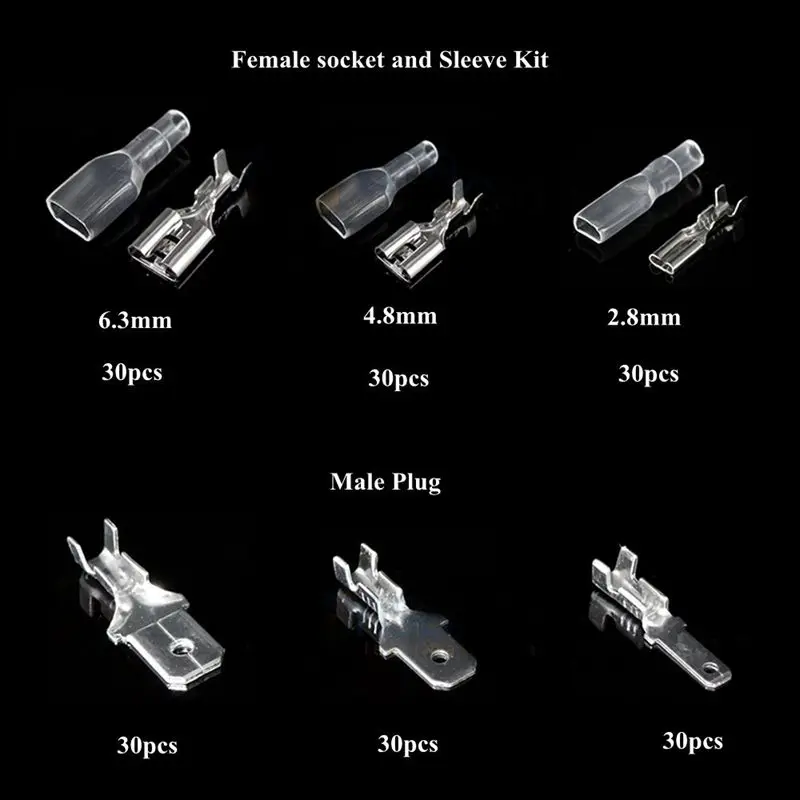 270pcs Male Female Spade Connector Wire Crimp Terminal Block with Insulating Sleeve Assortment Kit 2.8mm 4.8mm 6.3mm