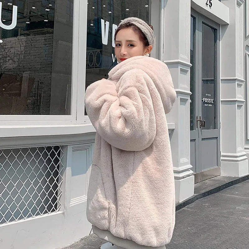 Autumn Winter Faux Rabbit Fur Knitted Coat Women Plush Loose Fur Jacket  Thick Warm Korean Elegant Hooded Flare Sleeves Outerwear