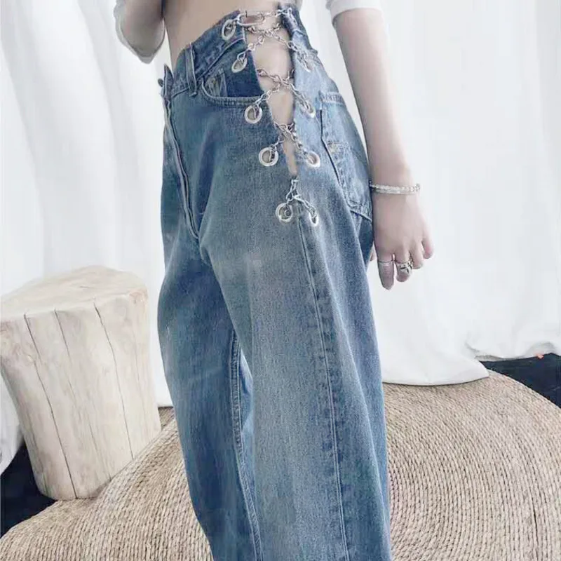 Vintage Sexy Delle Donne Diritte Dei Jeans Catena Laterale Scava Fuori A  Vita Alta In Denim Dei Pantaloni 2020 di Modo della Donna Pantaloni|Jeans|  - AliExpress