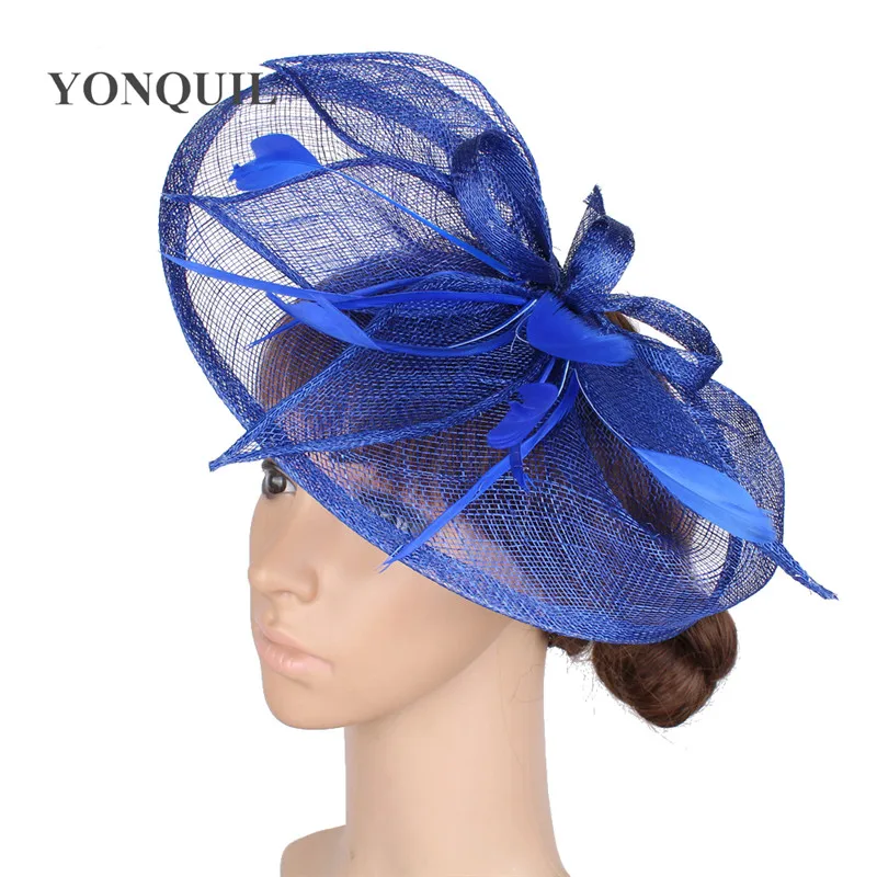 Высокое качество льняные перьевые вуалетки петля головные уборы женские pillbox шляпы Винтажный стиль для Деби события гонки Свадебные шляпы SYF104 - Цвет: royal blue