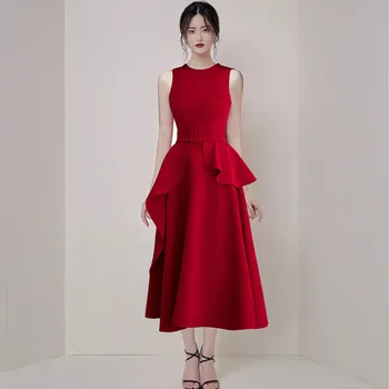 

2020 Summer Slim Ruffles Peplum High Waist Belt Swing Pleated Vestidos Female Sleeveless Vest Red Mid-Calf Party Dress