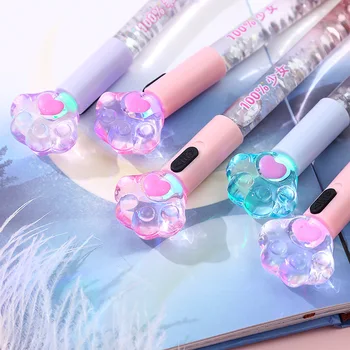 

2PC+10 Refills Cute Cat Claw Glowing Neutral Pen Creative Girl Heart Into Oil Quicksand Light Pen Black Water Pen