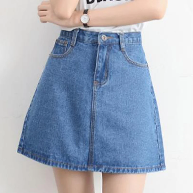 

2019 Summer Solid Casual High Waist Women Mini A-Line Skirts Hip-length Denim Jeans Skirt College Umbrella Jupe Femme