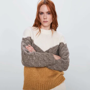 

New ZA Splice Sweater Women 2020 Fashion Color Round Collar Long Sleeve Comfortable Warm Casual Sweater Wholesale