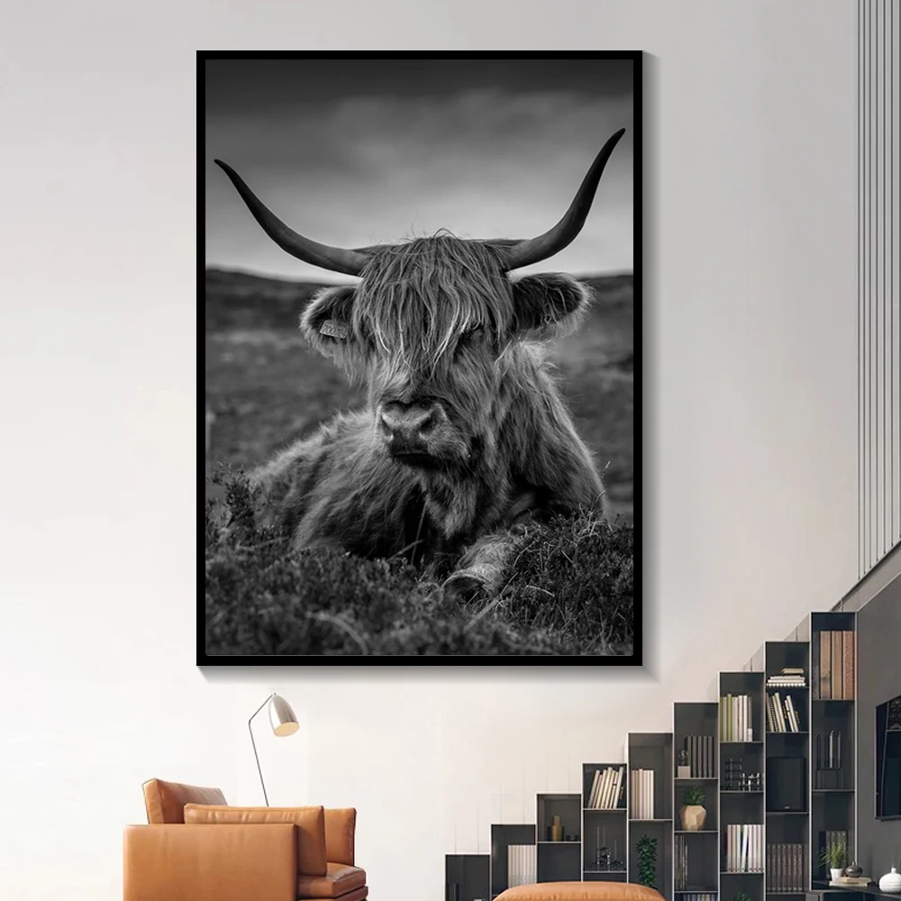 Minimalist-Farm-Animal-Canvas-Painting-Black-Highland-Cow-Wall-Art-Highland-Bull-Posters-and-Snow-Prints (1)
