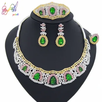 

Yulaili Fashion Turkey Green Opal CZ Crystal Necklace Earrings Dubai Gold Jewelry Sets for Women Nigeria Wedding Accessories