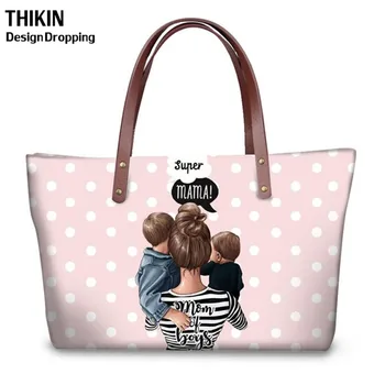 

THIKIN Women PU Handbags Fashion Super Mama Print Large Capacity Shoulder Bags for Mom Ladies Travel Leather Shopping Tote Bag