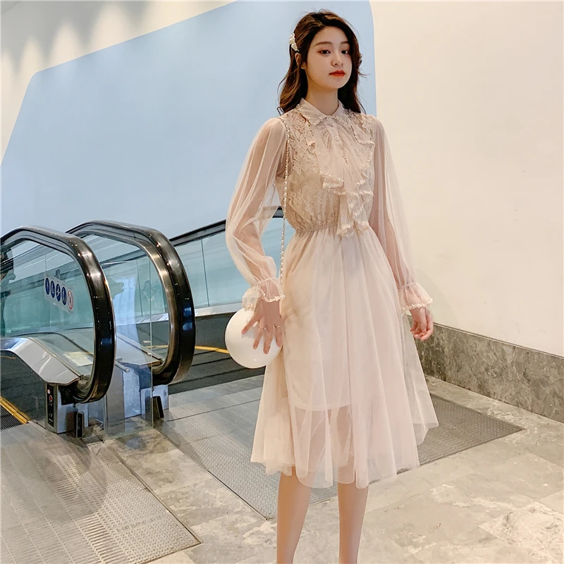 GRUIICEEN элегантное женское платье осеннее платье с длинными рукавами и оборками Сетчатое кружевное вечернее платье GY2019224
