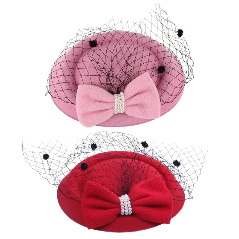 

2 Pcs Women's Fascinators Hat Pillbox Hat Cocktail Party Hat with Dot Veil Bowknot Hair Clip, Red & Pink