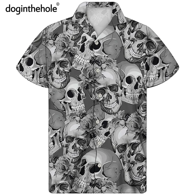 

Doginthehole Classic Skull Printing Men's Casual Shirts Summer Breathable Beach Tops Gray Skulls Pattern Short Sleeve Tunic