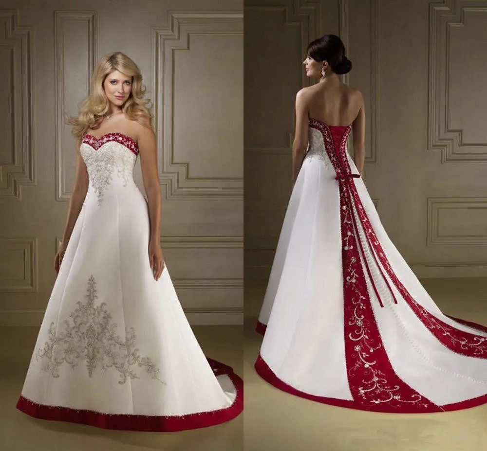 Vintage Retro Strapless Een Lijn Lace Up Hof Trein Land Bruidsjurken Vestidos Rood En White Satin Borduren Trouwjurken Vintage Retro Strapless Een Lijn Lace Up Hof Trein Land Bruidsjurken Vestidos Rood En White Satin Borduren Trouwjurken