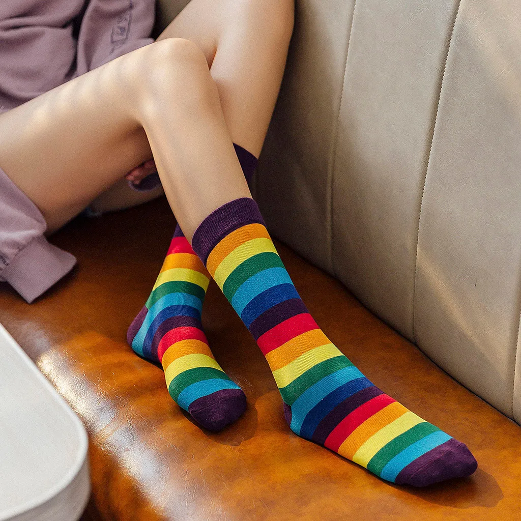 Радужные полосатые носки, хлопковые эластичные женские длинные носки, яркие цвета, спортивные носки Meias, повседневные носки в стиле ретро Харадзюку