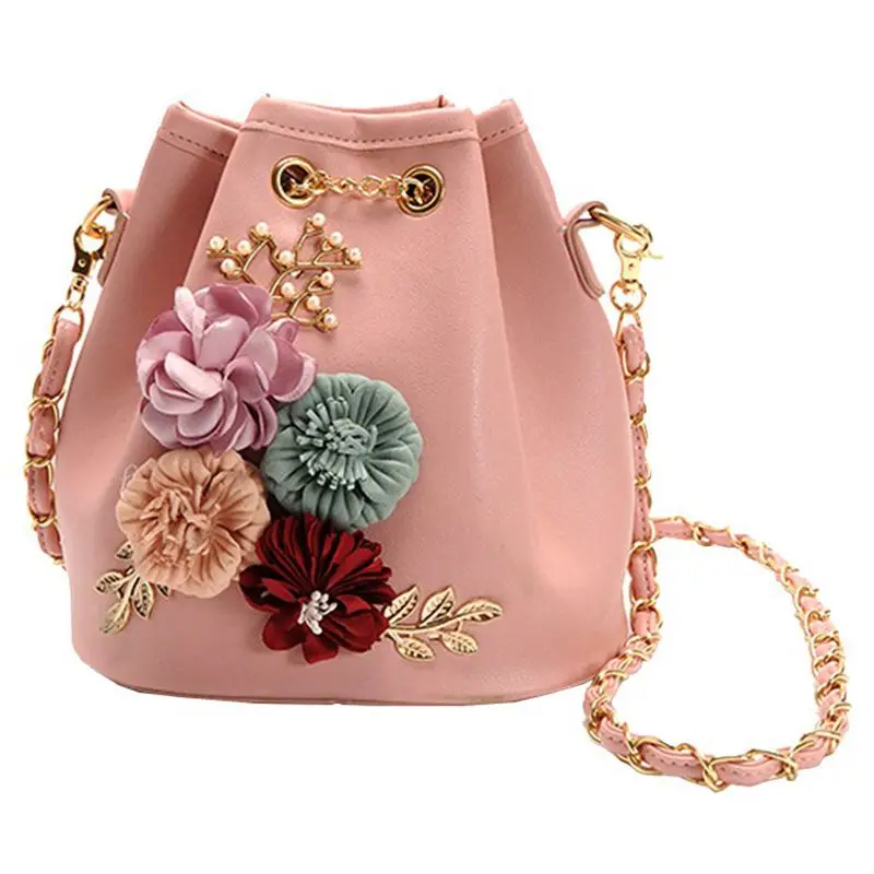 

ABZC-Handmade Flowers Bucket Bags Mini Shoulder Bags With Chain Drawstring Small Cross Body Bags Pearl Bags Leaves Decals Pink