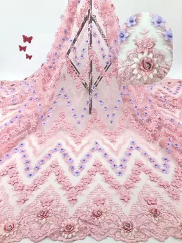 

Hot Selling Producten Roze Franse Tulle Mesh Kant Stoffen Met Stenen 3D Bloemen Kralen Geborduurde Kant Stoffen