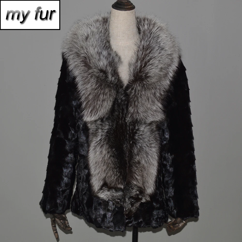 

2019 New Style Real Natural Mink Fur Coat Women Big Sliver Fox Fur Collar 100% Real Mink Fur Jacket Winter Mink Fur Overcoat