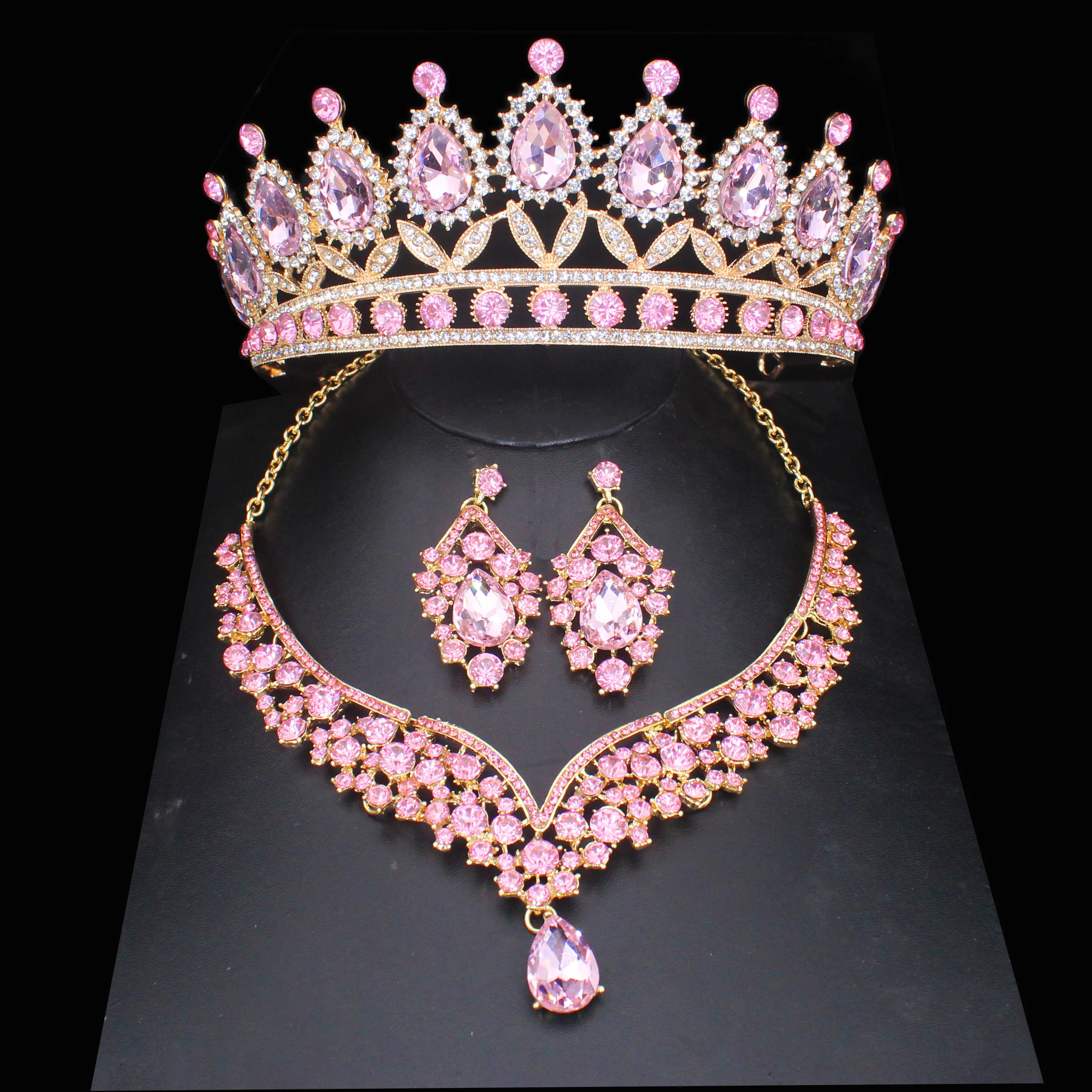 Pink Crystal Bridal Jewelry Sets For Women Girl