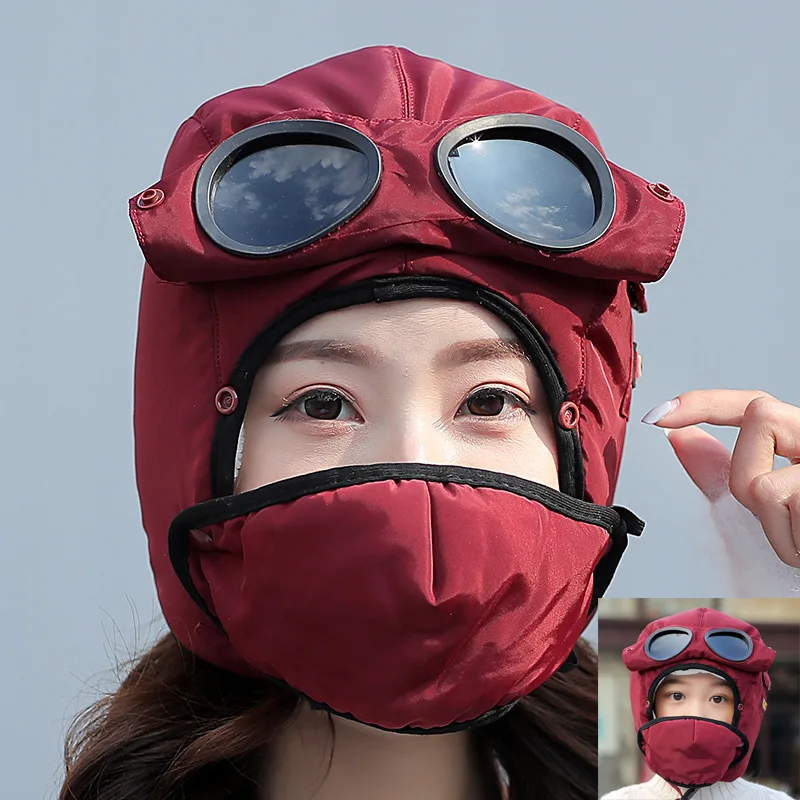 Зимняя велосипедная теплая Балаклава полная маска для лица с Goggle съемный Лыжный спорт защитная крышка для взрослых Детский капюшон - Цвет: Red wine child