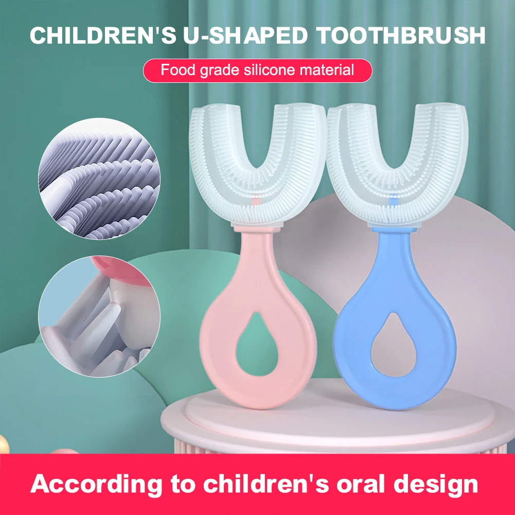 U Shaped Toothbrush 2-12 Ages Kids Toothbrush U-Shape Infant Toothbrush with Handle Silicone Oral Care Cleaning Brush for Baby