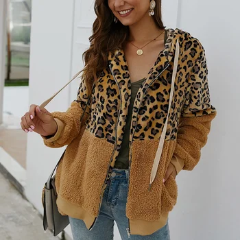 

Women Leopard Stitching Hodded Jacket Tops Winter Long Sleeve Jacket Coat JL