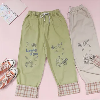 

Japanese Women Casual Pants Wild hemming Elastic Waist Cute Graffiti Print Pants Loose Thin Small fresh Students Straight pants