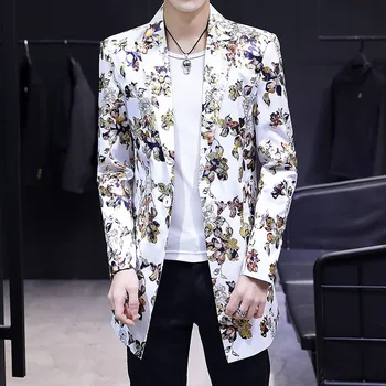 

2019 Autumn Men's Wear Printing Thin Section Medium Length Money Coat Young Men Slim Fit Suit
