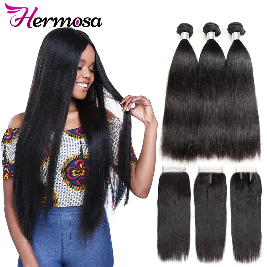 Hair-Bundles Human-Hair Hermosa Closure Double-Weft Straight Brazilian with Remy