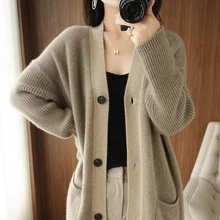

Sweater Jacket Women's Cardigan Mid-Length 100% Pure Wool Autumn and Winter Thickening V-Neck Knitted Outer Tower Lazy Wind Coat