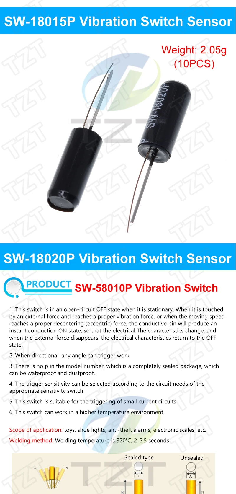 TZT 10/30PCS SW-200D/420/520D/18010P/18015P/18020P/58010P 12V Hoch Vibration Schalter Ball Tilt Doppel wulst Winkel Frühling Sensor – Detail 5
