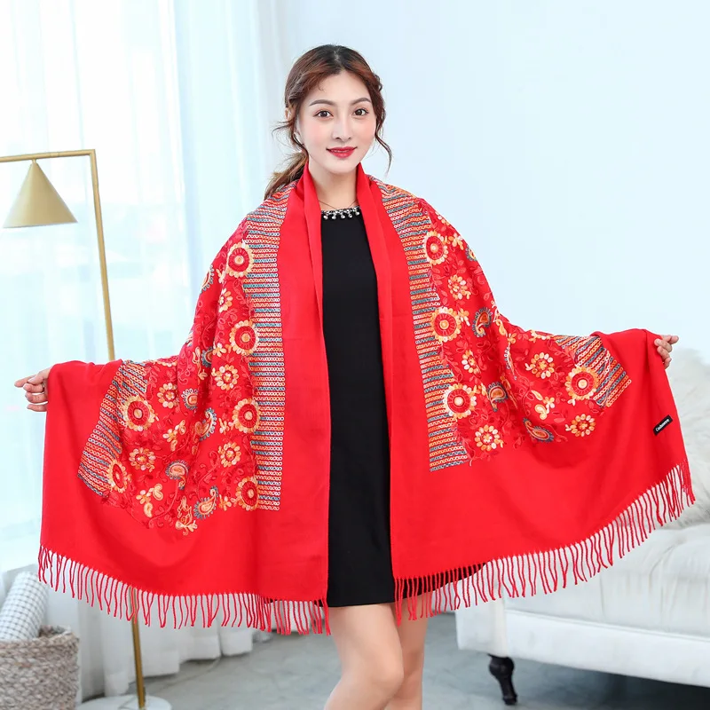 

Luxury Thick Winter Scarf Women Warm Cashmere Plum embroidery Sun flower Tassel Shawl Wrap Blanket Hijab Lady Scarf Pashmina