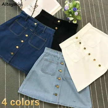

Skirts Women High Waist A-line Pockets Button Solid Denim Korean Style Chic Fashion Womens Trendy Streetwear New Vintage Elegant