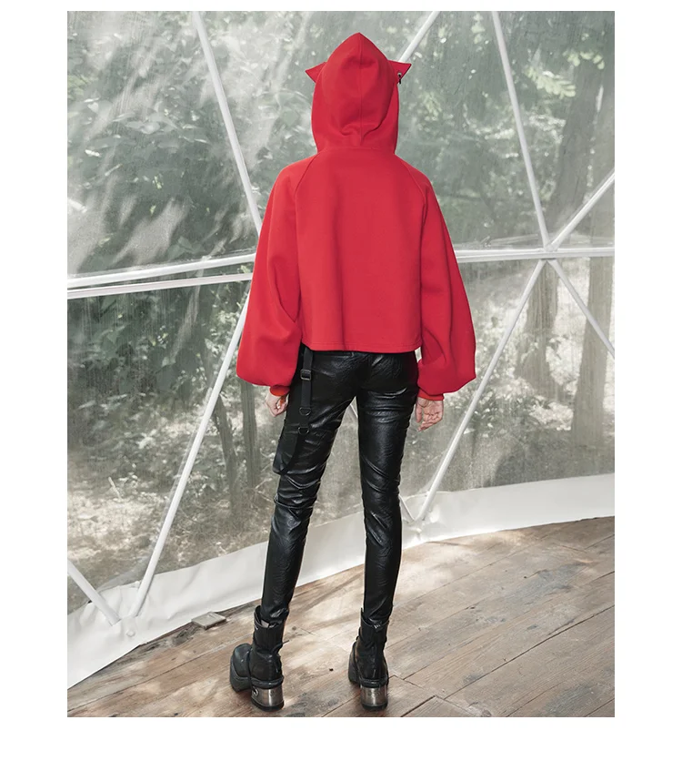 PUNK RAVE Women Gothic Lazy Wind Loose Hoodie Plus Velvet Autumn New Dark Turtleneck Lantern Sleeve Short Jacket