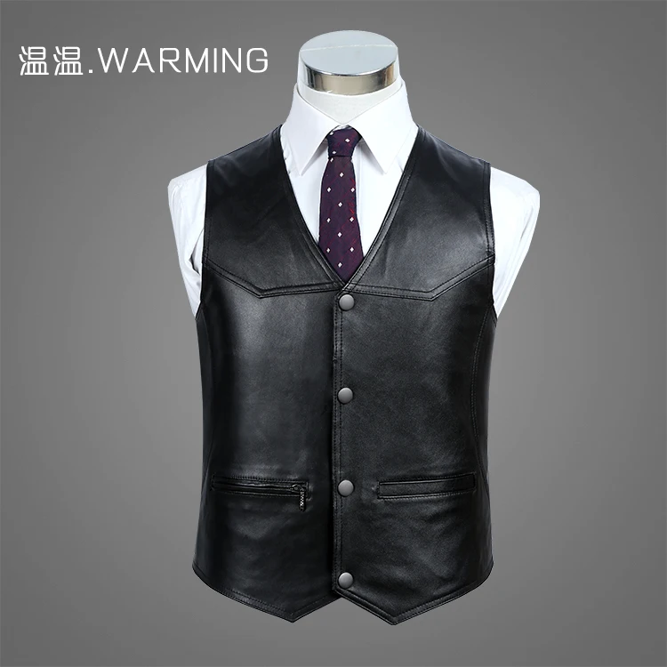 

2024 Men's Fashion V-neck Genuine Leather Vest Sheepskin Solid Color Suit Vest