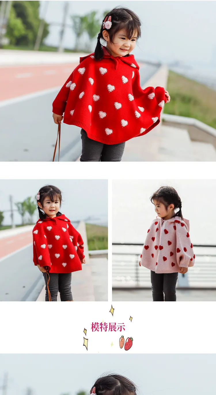 1-4Years Girl Sweater Coat Winter Jacquard Small Love Figure Hooded Cute Girl Knitted Outerwear Kids Warm Cloak Coat