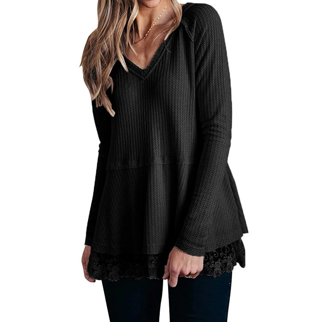 

Autumn sweaters Womens Casual Long Sleeve Ruffles Waffle Knit Tunic Cute Shirts Tops V Neck loose Knitting Female Clothing