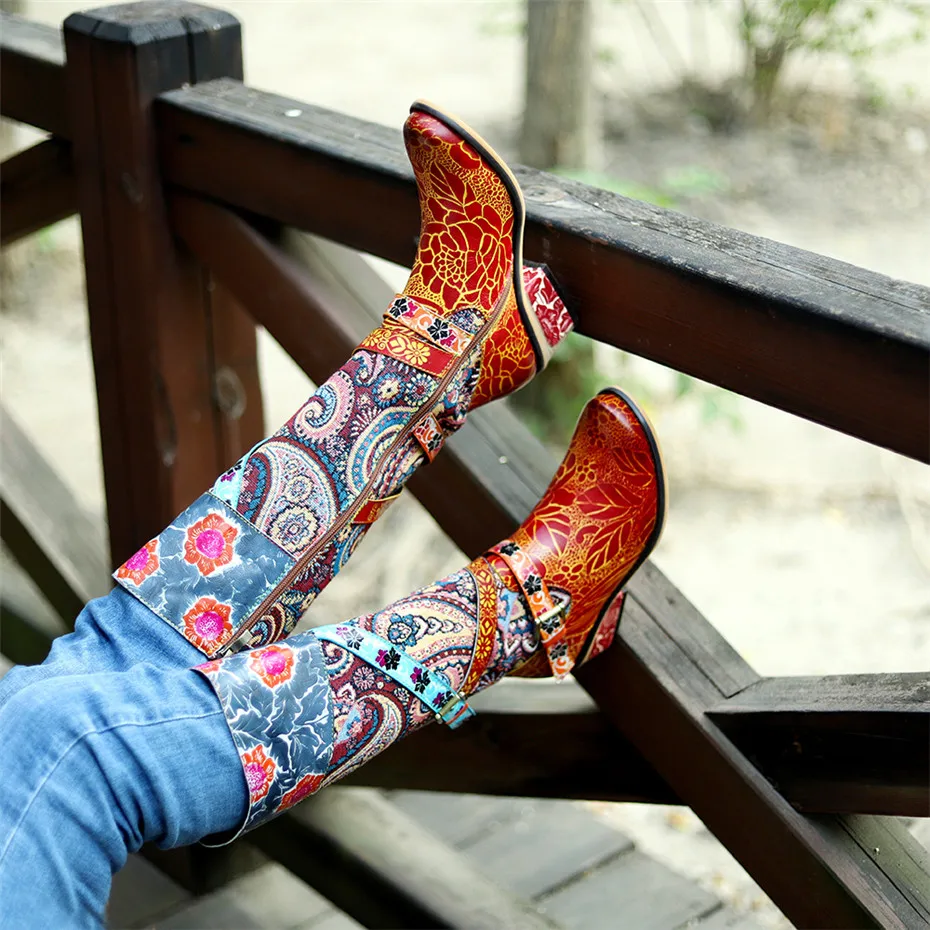 Vintage Women Knee High Boots Genuine Leather Riding Boots Autumn Winter Round Toe High Square Heels Western Cowgirl Boots Shoes (9)