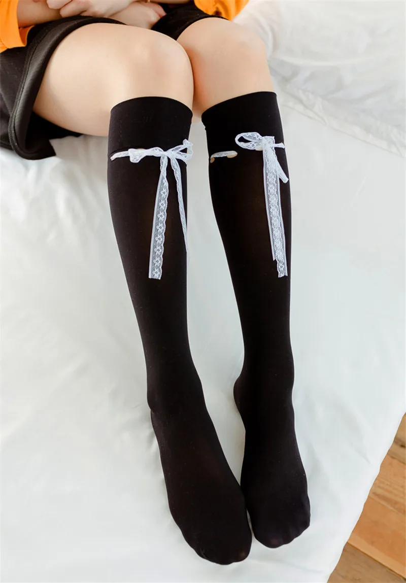 Good Quality Women Lower Knee Socks Thigh High Stockings Opaque Warm Japanese School Student Lace Bow Long Sock Hot Sale