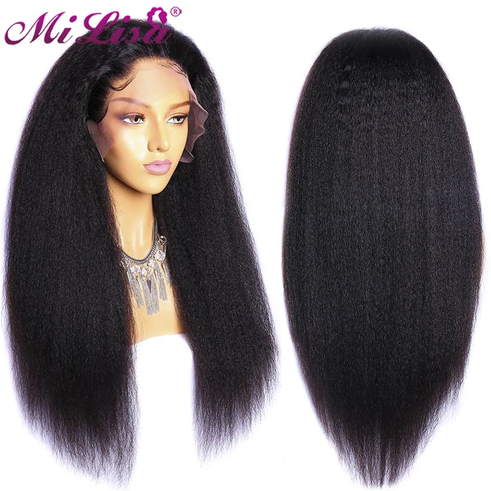 Mi Lisa crépus perruque droite sans colle dentelle avant perruques de cheveux humains pour les femmes noires pré plumé Fronte b|Парик из