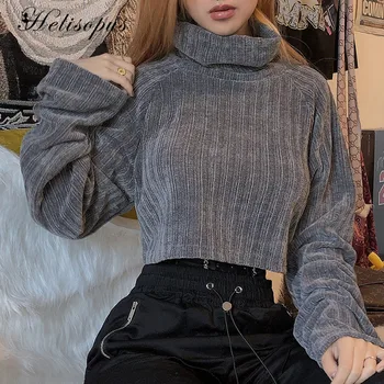 

Helisopus Autumn and Winter Women's High-neck Long-sleeved Casual Sweater Sexy Short Pullovers Fashion Loose Ladies Tops