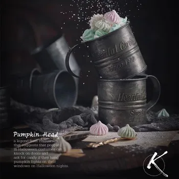 

KuBac HoMmi Photography Props Retro Drinkware Vintage English Printing Wrought Iron Flower Bucket Old Handle Cup Food Fruit Cup