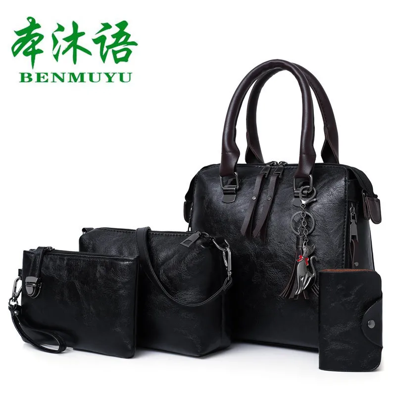 

Bag Women's 2019 New Style Tassels WOMEN'S Bag Oil Skin Picture Four-piece Set Bag Europe And America Style Handbag Shoulder Bag